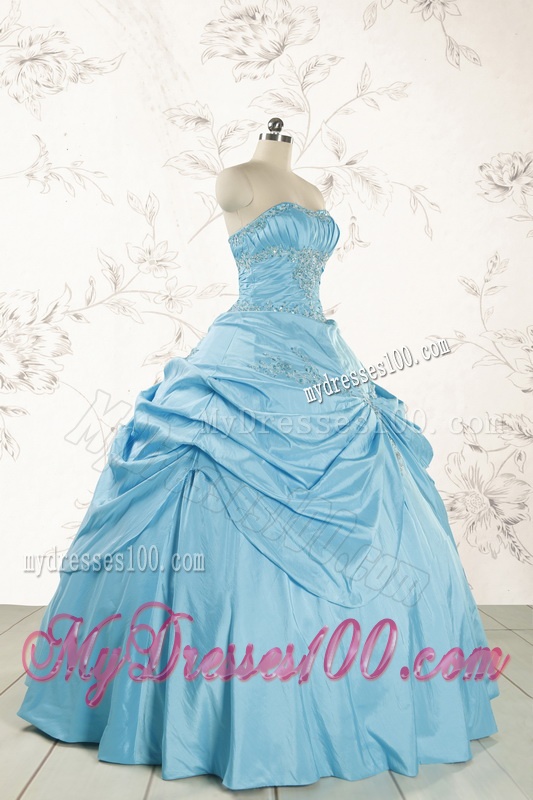 2016 Discount Strapless Appliques Sweet 15 Dress in Aqua Blue
